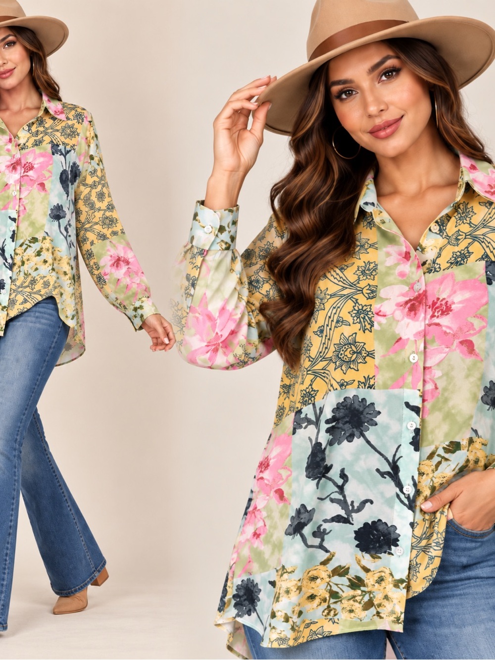 Rose & Olive Patchwork Floral Button-Down Shirt in Yellow and Pink